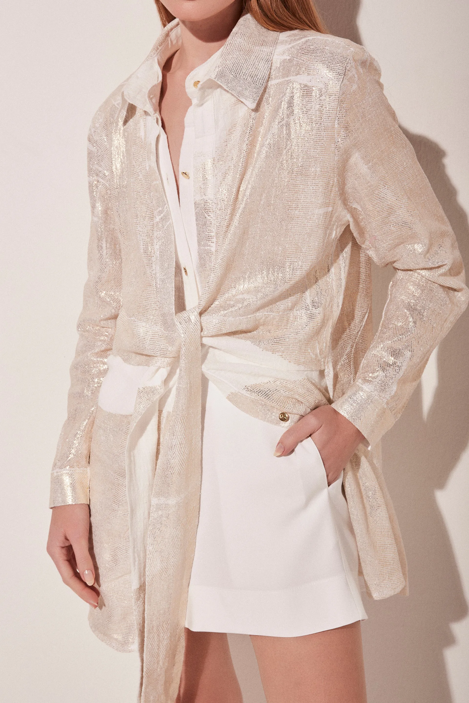 Fresh Metallic Short Shirt Dress With Ties E4765A1836