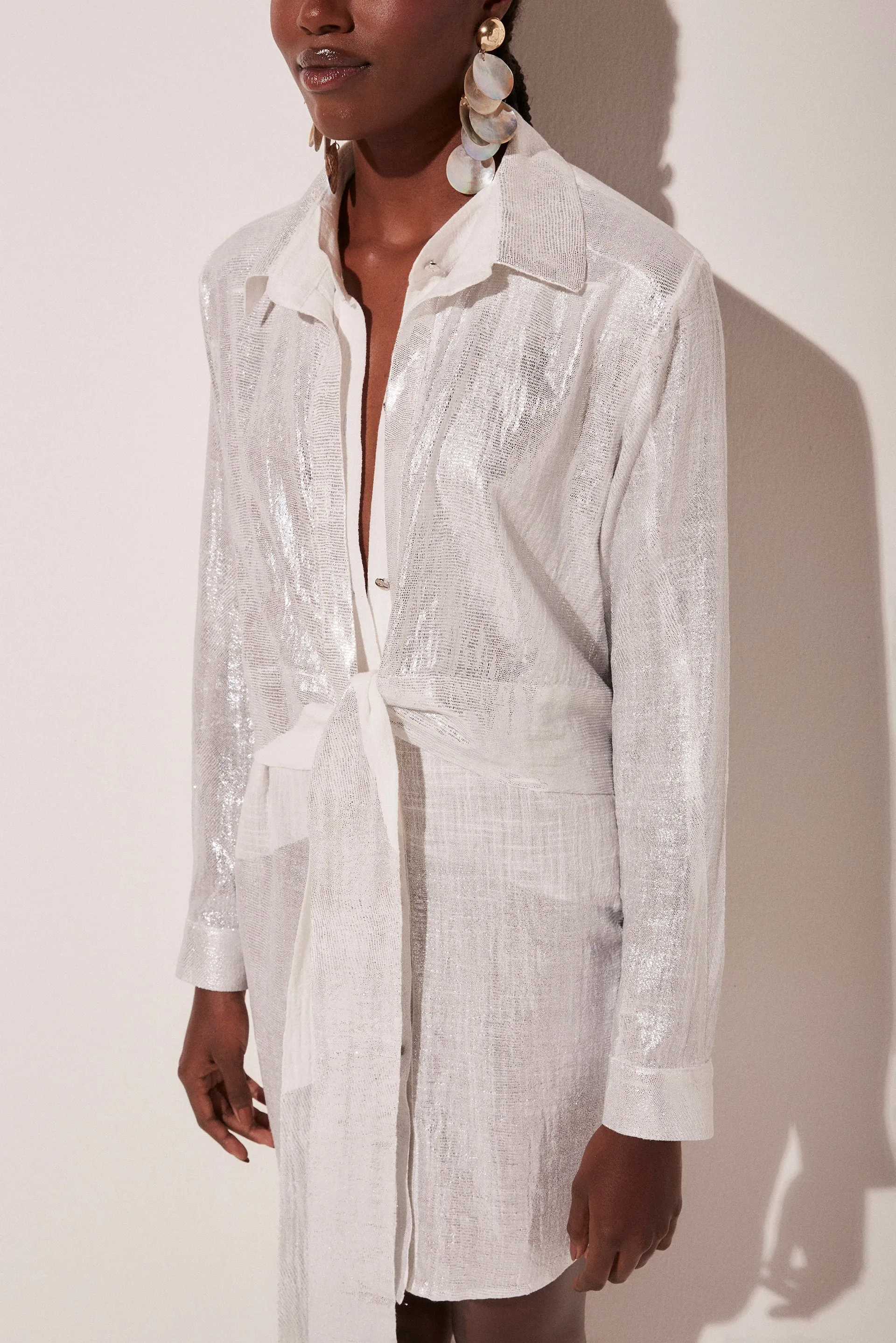 Fresh Metallic Short Shirt Dress With Ties E4765A1836