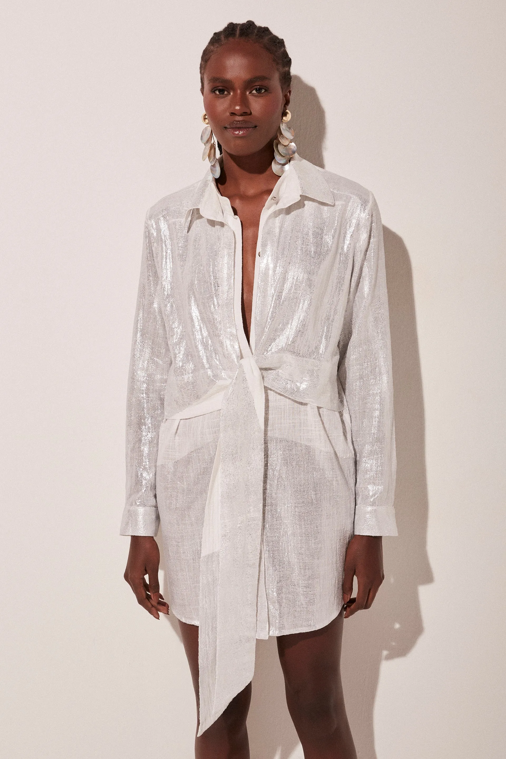Fresh Metallic Short Shirt Dress With Ties E4765A1836
