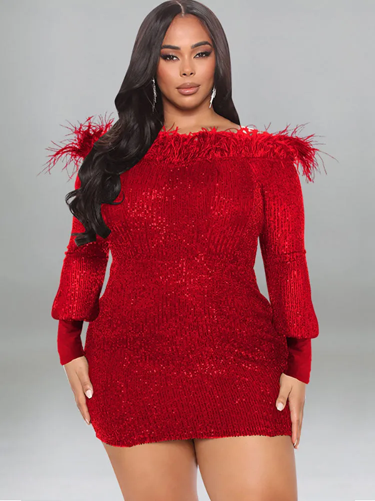 Glitter Sequins Long Sleeves Feather Mini Dresses