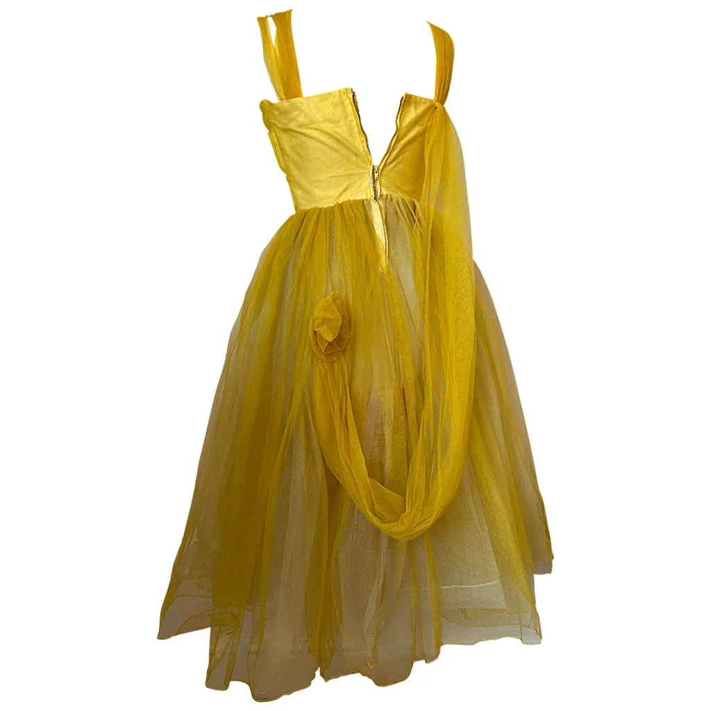 Golden yellow layered mesh net vintage 1950s evening gown