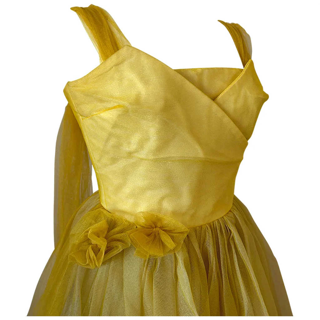 Golden yellow layered mesh net vintage 1950s evening gown