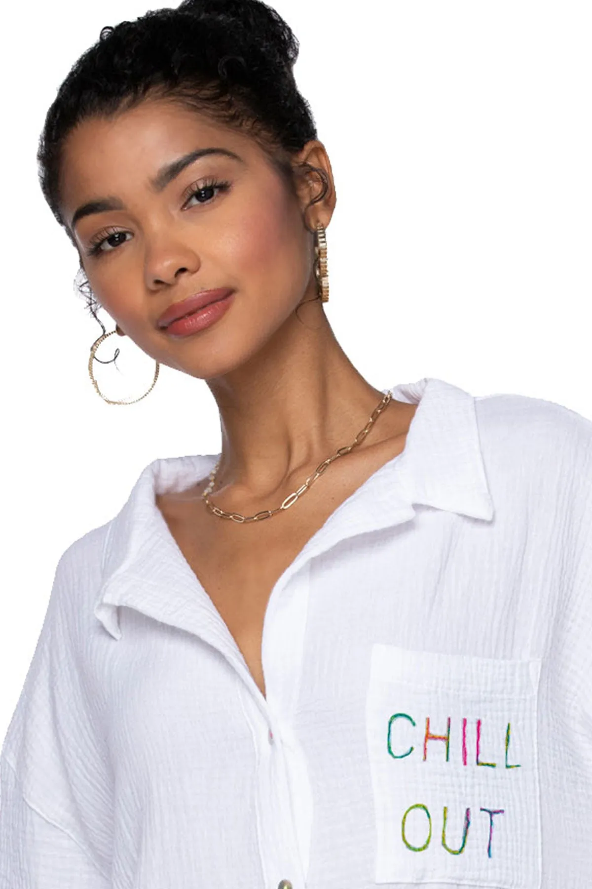 Good Vibes Cotton Gauze Shirt Mini Dress _ Chill Out Embroidery