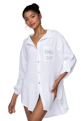 Good Vibes Cotton Gauze Shirt Mini Dress _ Chill Out Embroidery