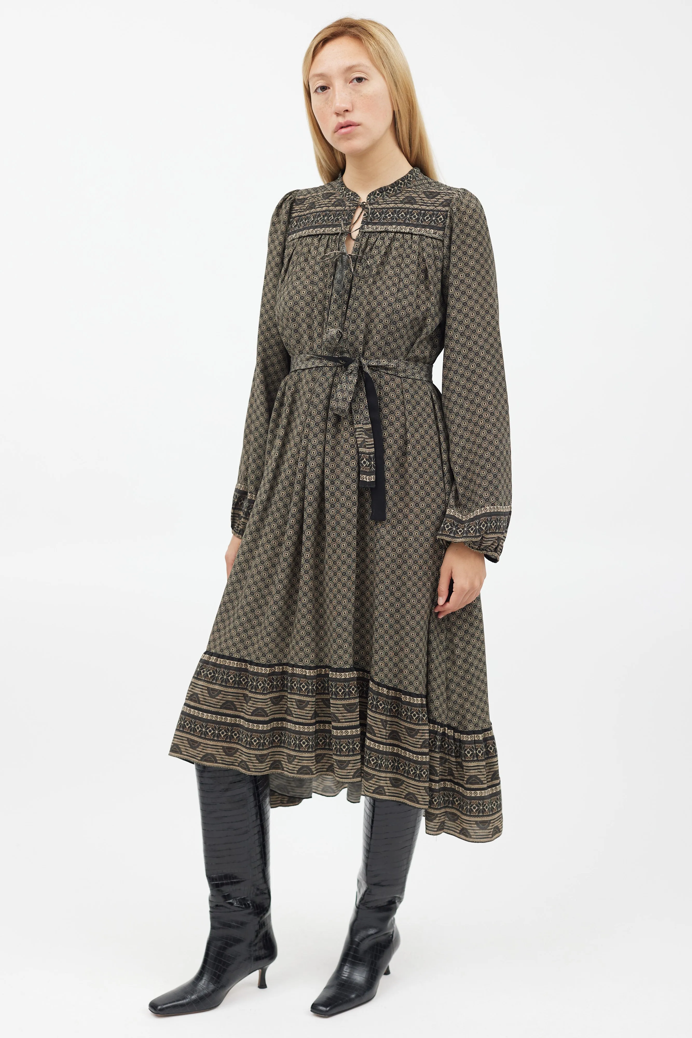 Green & Black Geometric Silk Belted Dress