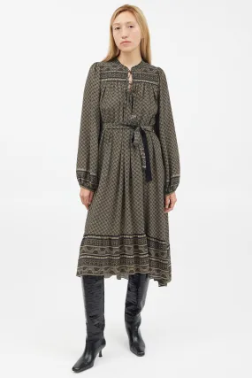 Green & Black Geometric Silk Belted Dress