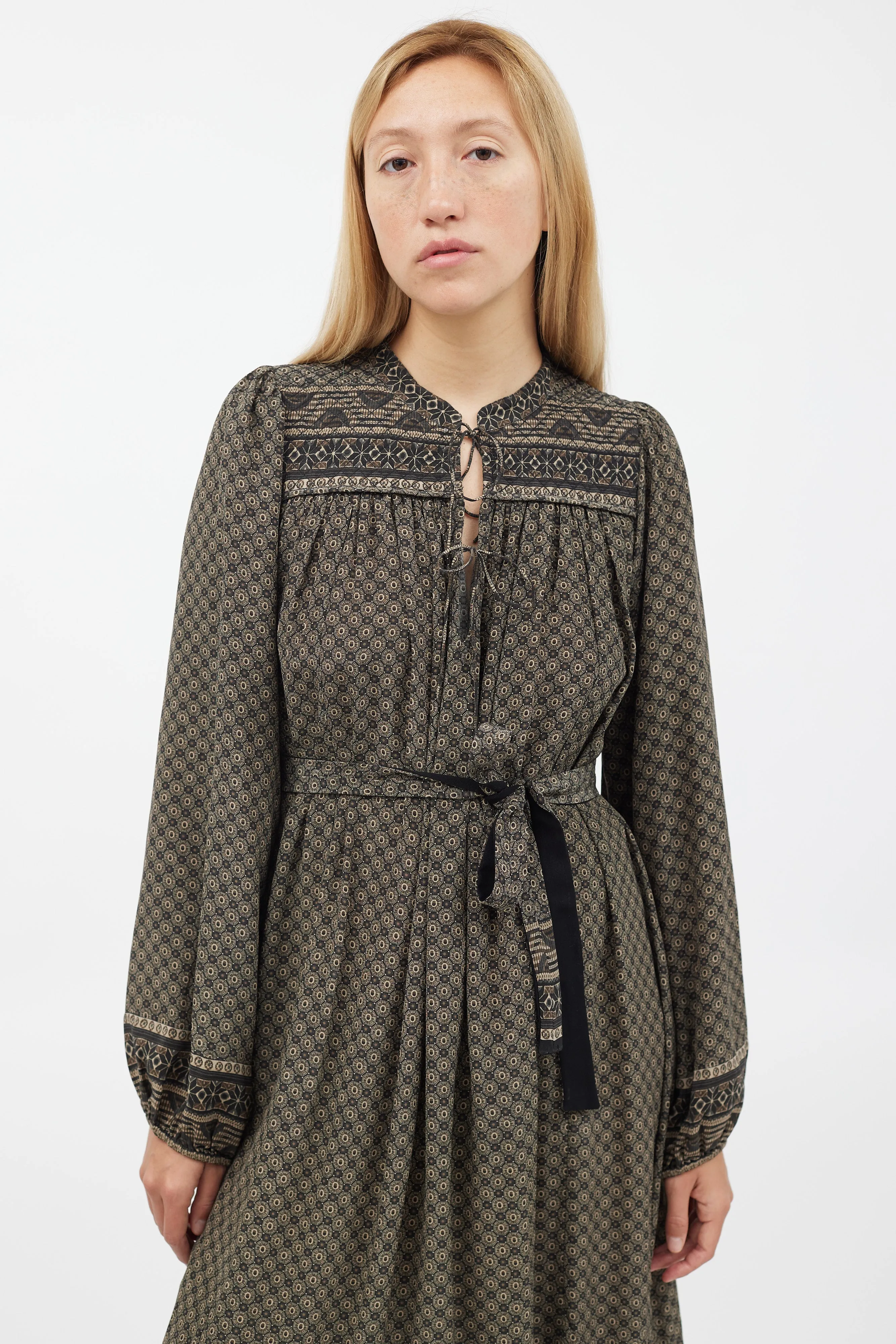Green & Black Geometric Silk Belted Dress