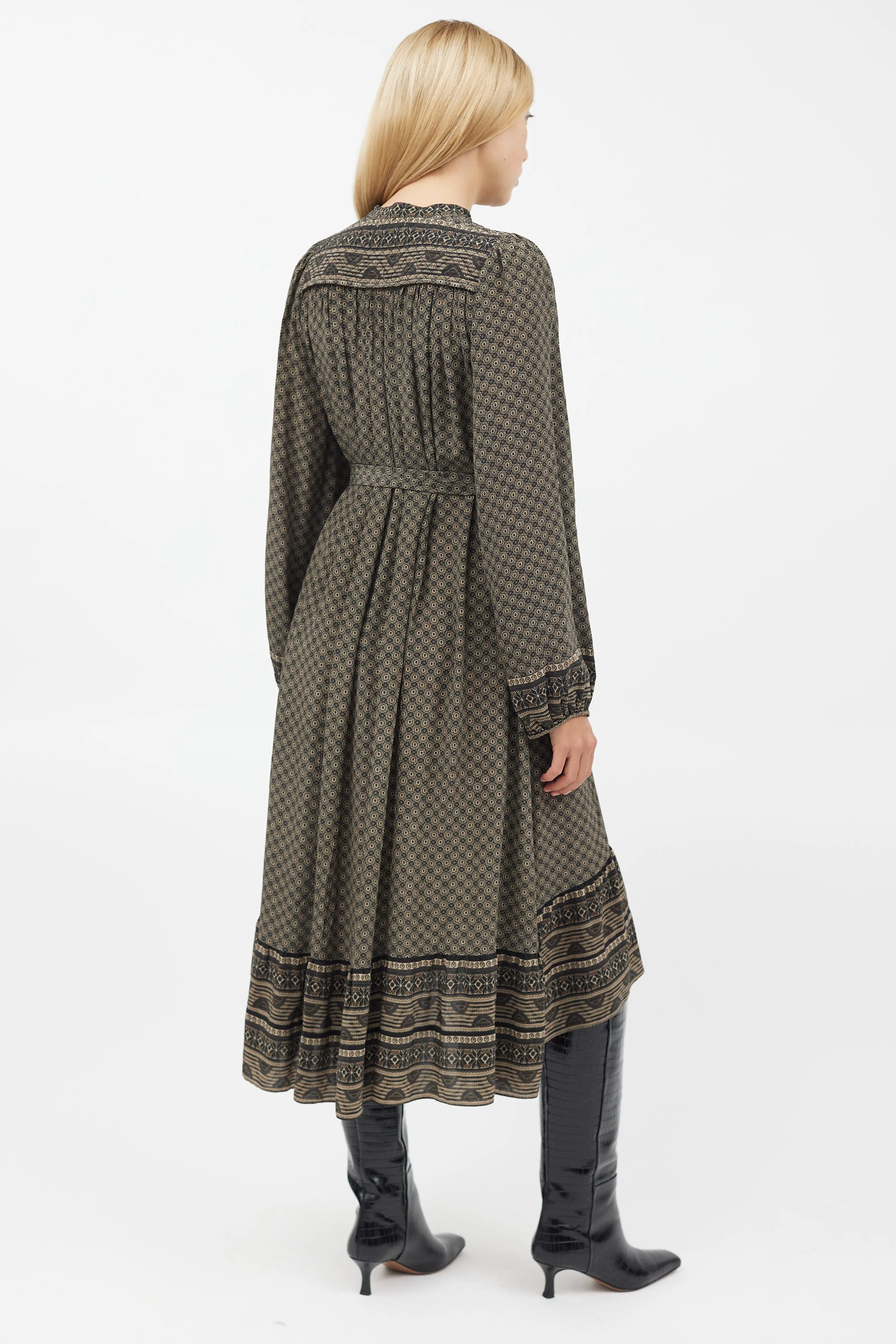 Green & Black Geometric Silk Belted Dress