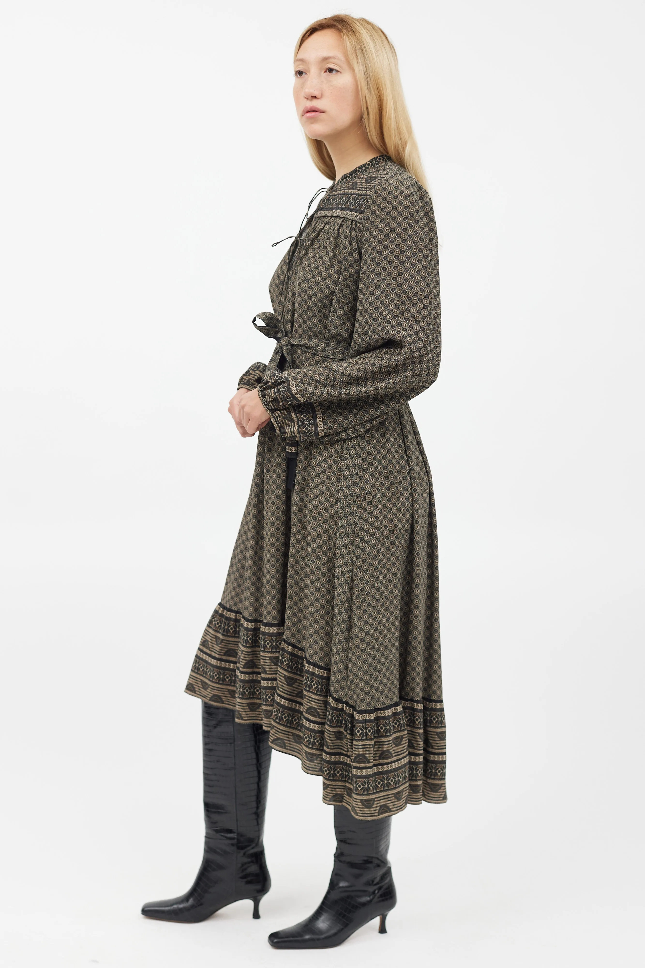 Green & Black Geometric Silk Belted Dress