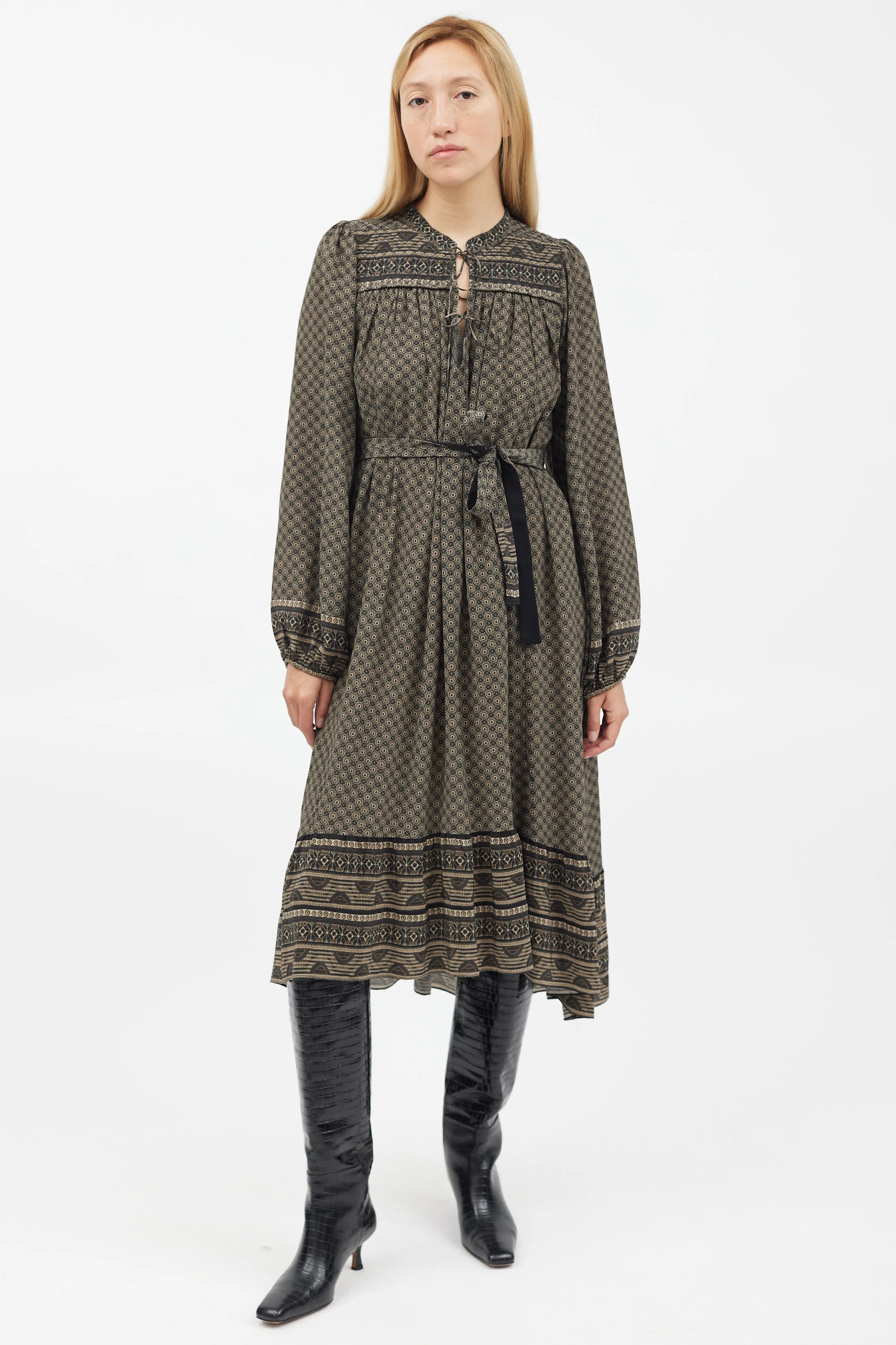 Green & Black Geometric Silk Belted Dress