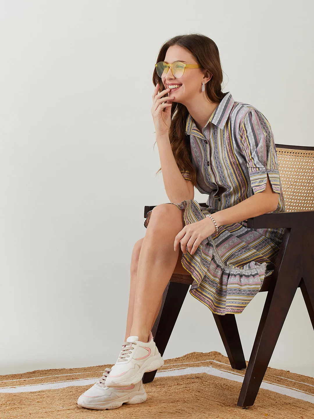 Grey Jacquard Button Down Cotton Dress