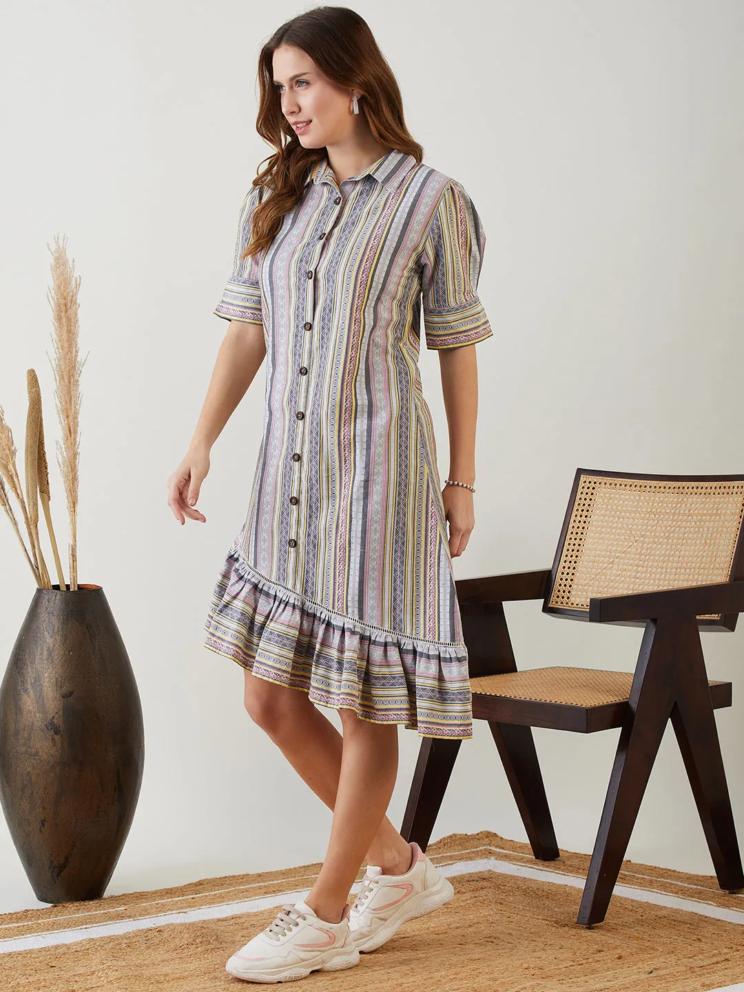 Grey Jacquard Button Down Cotton Dress