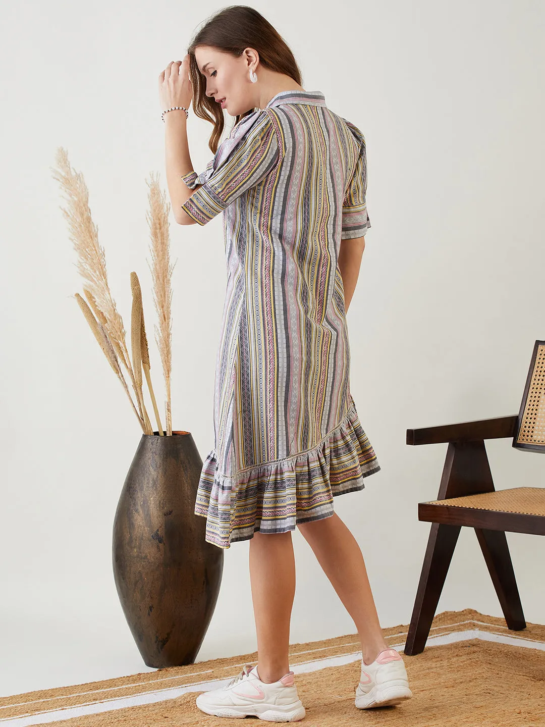 Grey Jacquard Button Down Cotton Dress