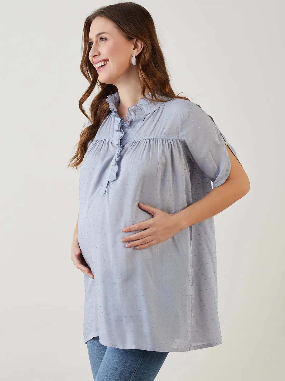 Grey Modal Dobby Ruffle Nursing Top