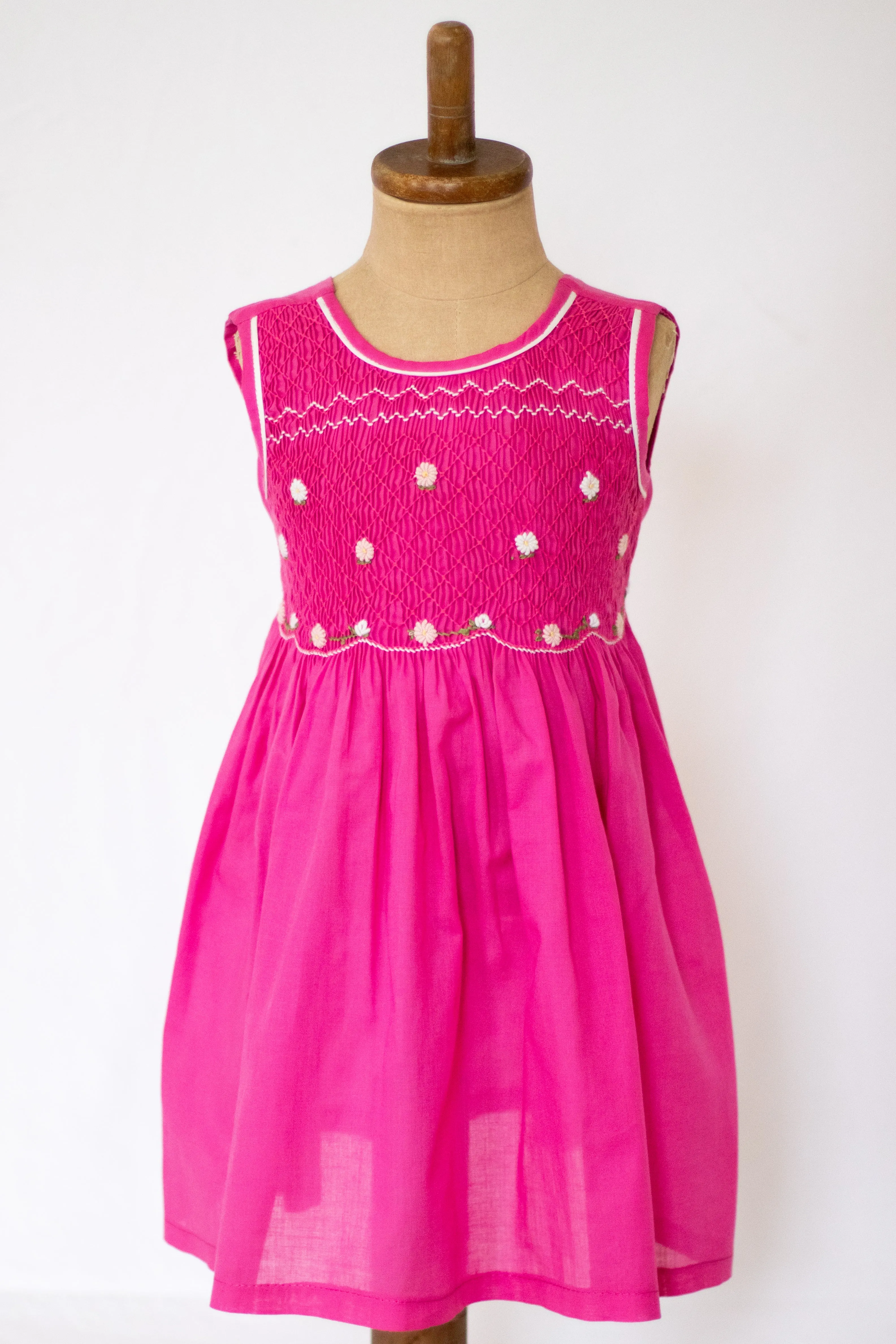 Hand-Smocked Dress Daisies, Hot Pink