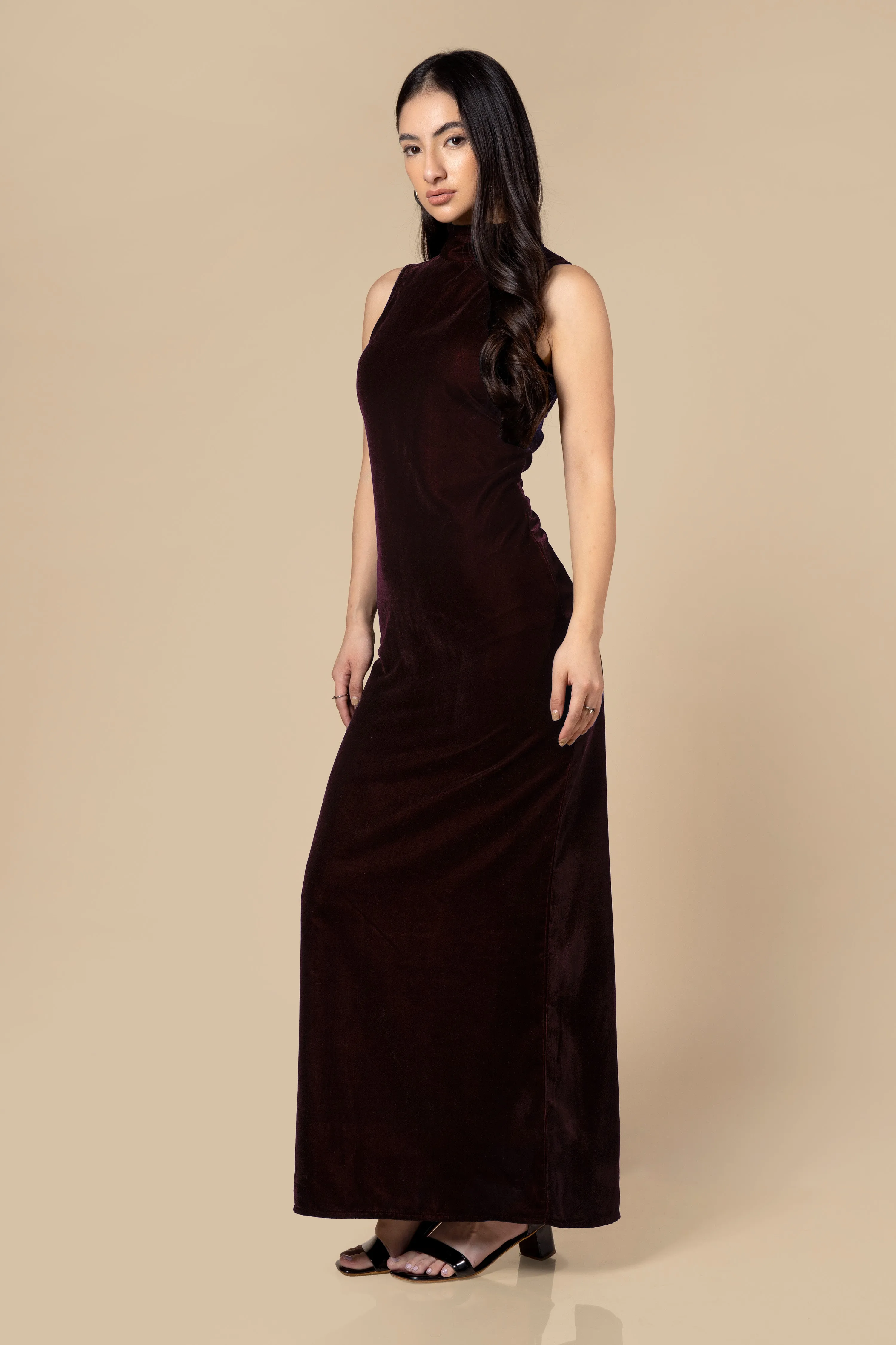 Highneck Bodycon Velvet Maxi Dress For Women