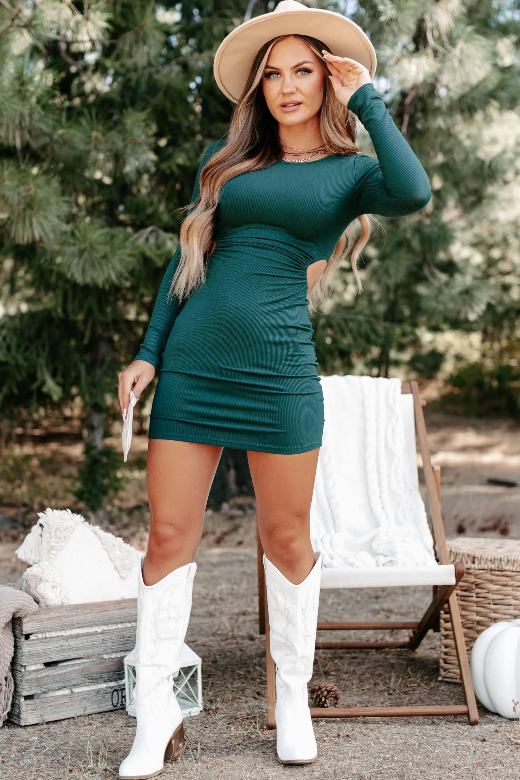 His Obsession Long Sleeve Open Back Bodycon (Hunter Green)