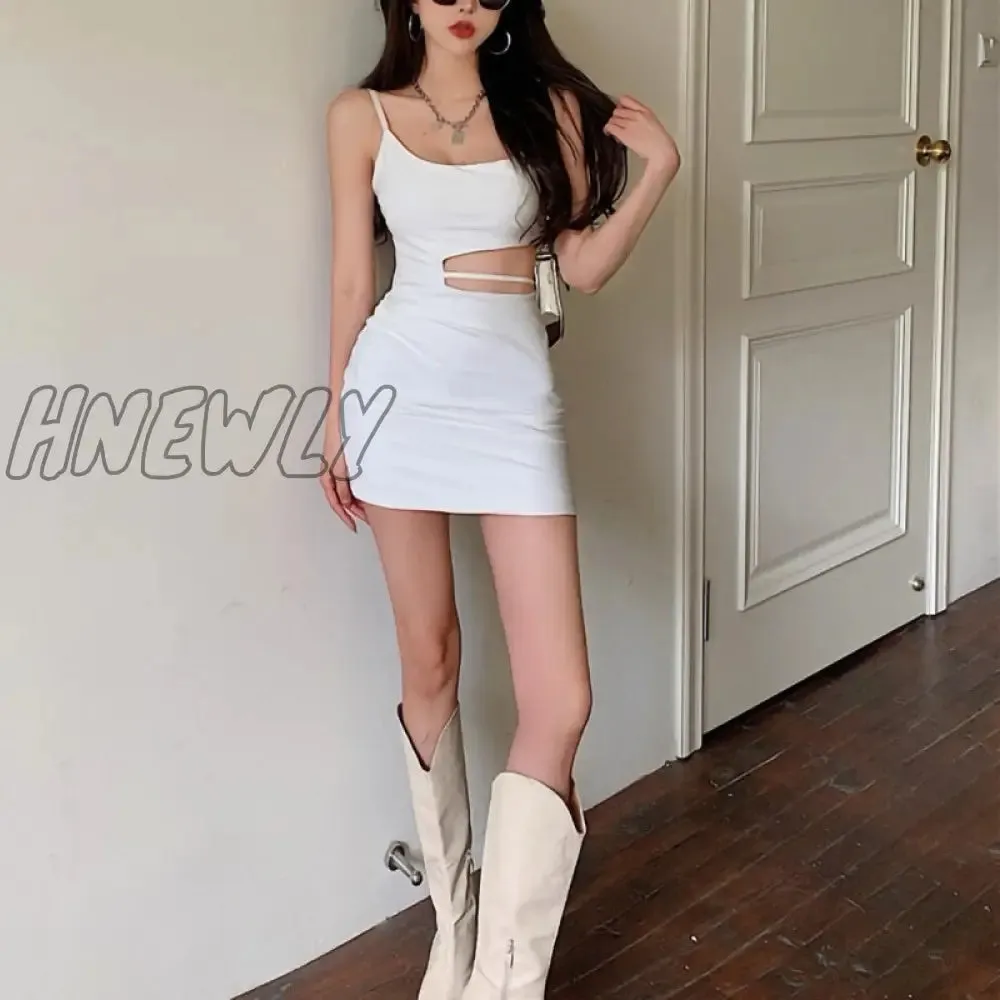 Hnewly Newest Arrival Women Sexy Bodycon Mini Dress Sleeveless Spaghetti Strap Solid Color Cutout Dress