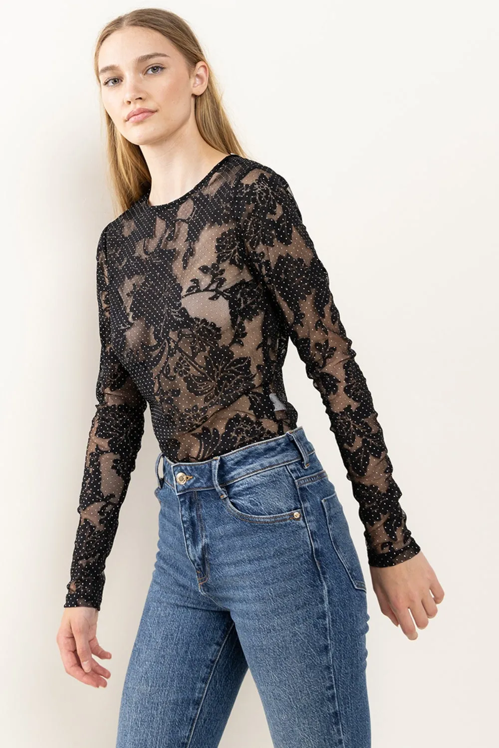 Hot Girl Ces Femme Floral Lace Mesh  Long Sleeve Bodysuit