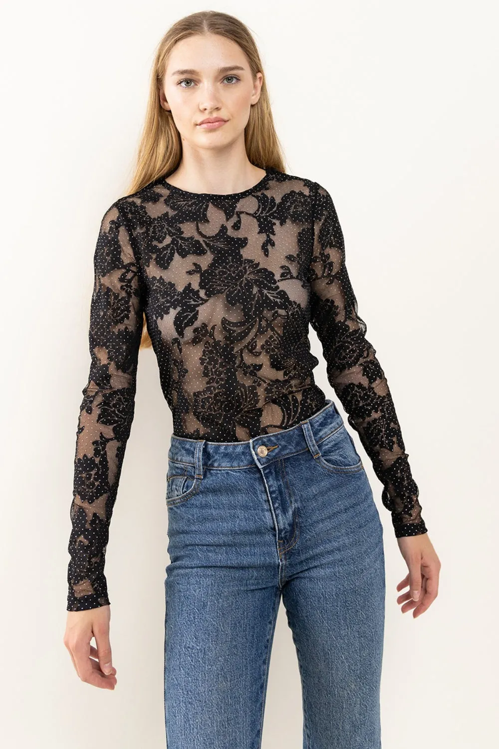 Hot Girl Ces Femme Floral Lace Mesh  Long Sleeve Bodysuit