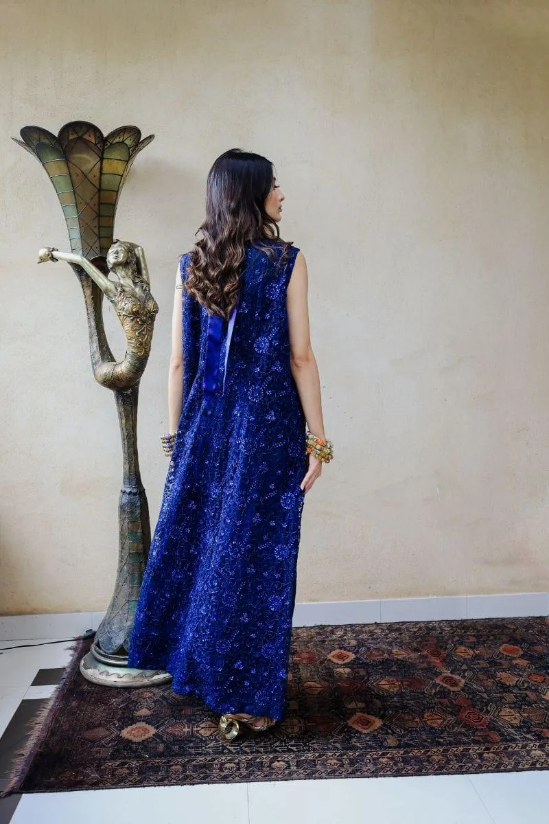 Huma Adnan - Zaiba - Embroidered Net - Blue - 1 Piece