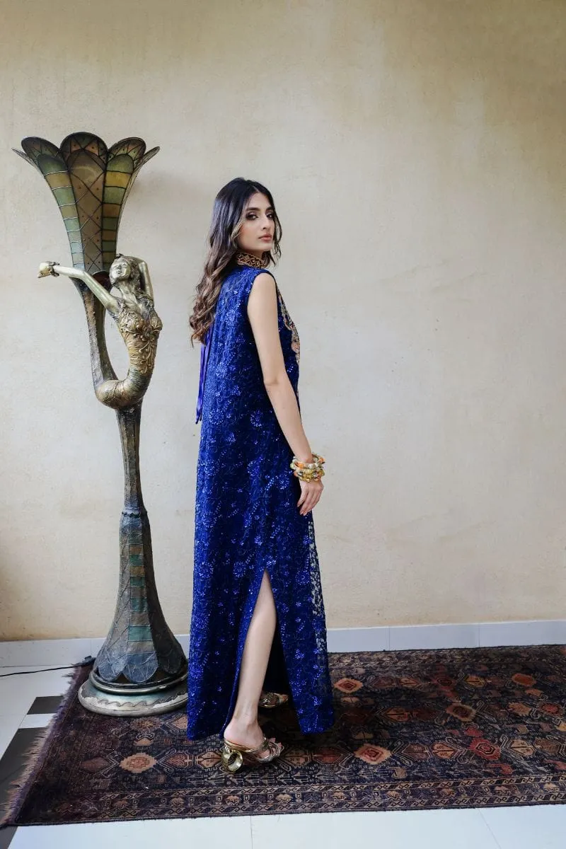 Huma Adnan - Zaiba - Embroidered Net - Blue - 1 Piece