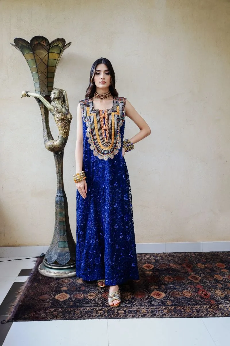Huma Adnan - Zaiba - Embroidered Net - Blue - 1 Piece