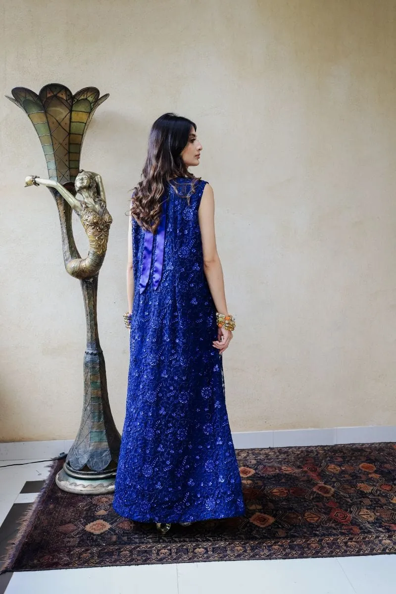 Huma Adnan - Zaiba - Embroidered Net - Blue - 1 Piece