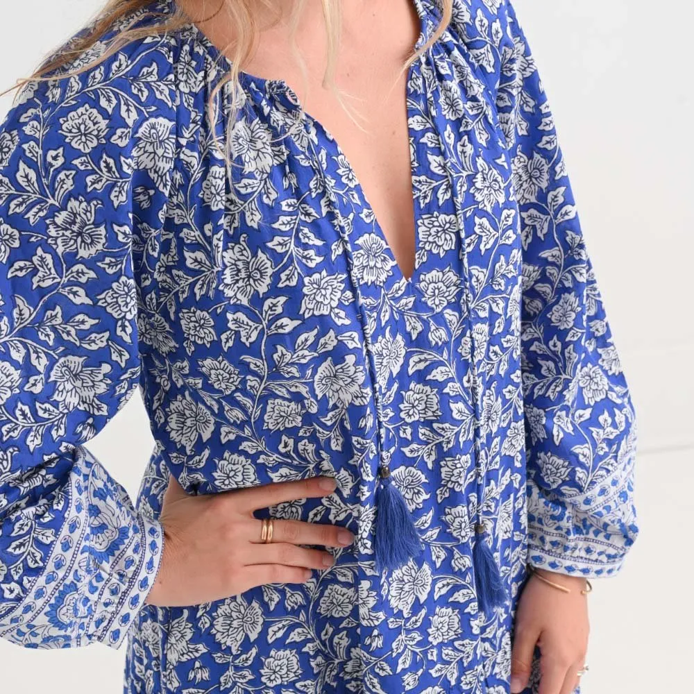 Jaipur Blooms Very Peri Belted Tiered Prairie Dress