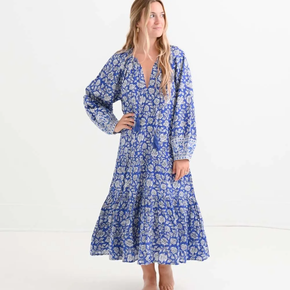 Jaipur Blooms Very Peri Belted Tiered Prairie Dress