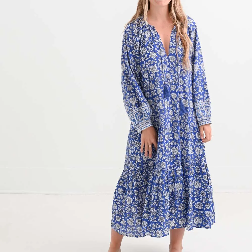 Jaipur Blooms Very Peri Belted Tiered Prairie Dress