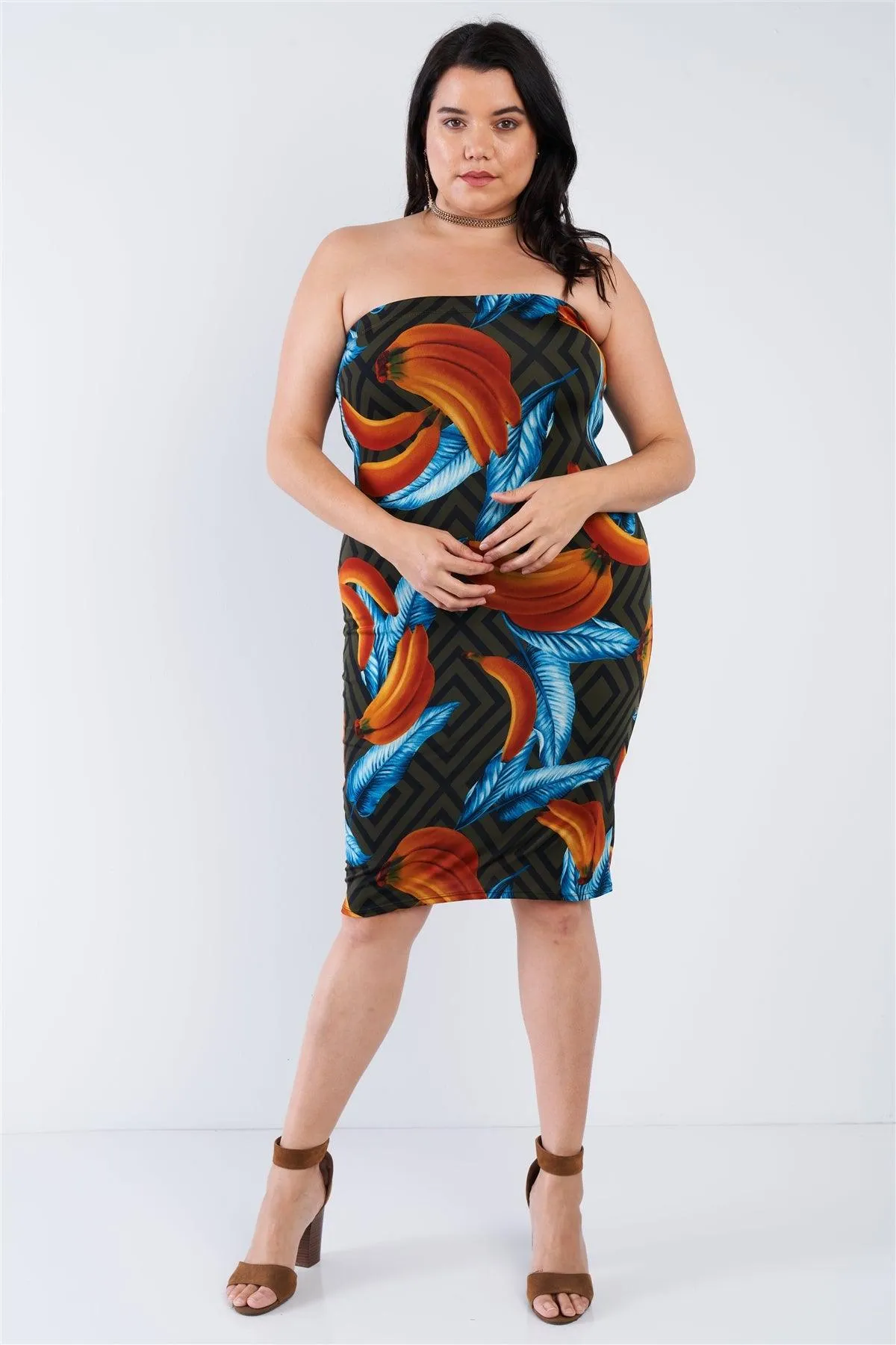 Junior Plus Size Olive Banana Print Tube Top Midi Dress  /2-3-3