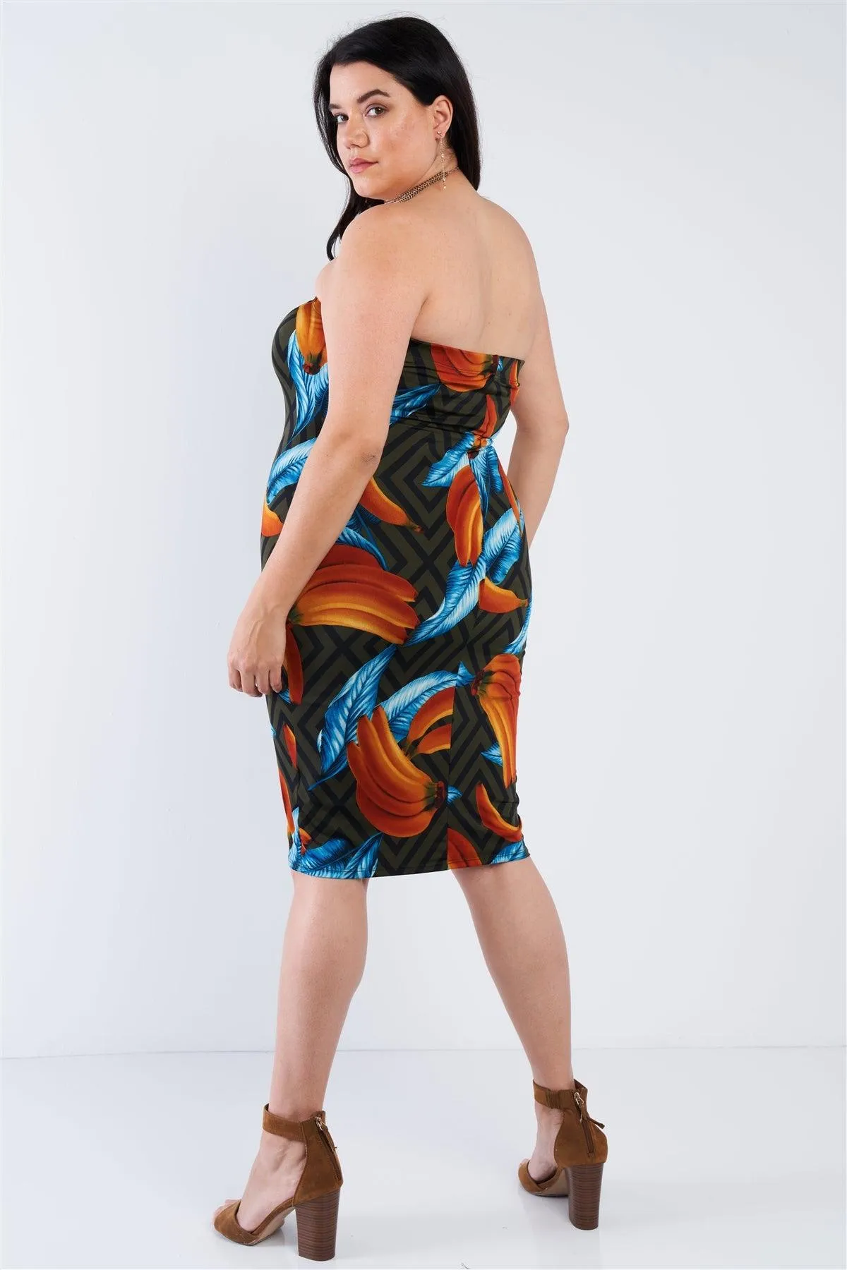 Junior Plus Size Olive Banana Print Tube Top Midi Dress  /2-3-3