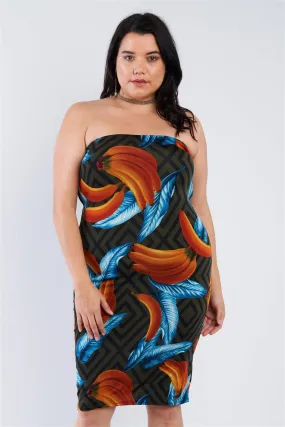 Junior Plus Size Olive Banana Print Tube Top Midi Dress  /2-3-3