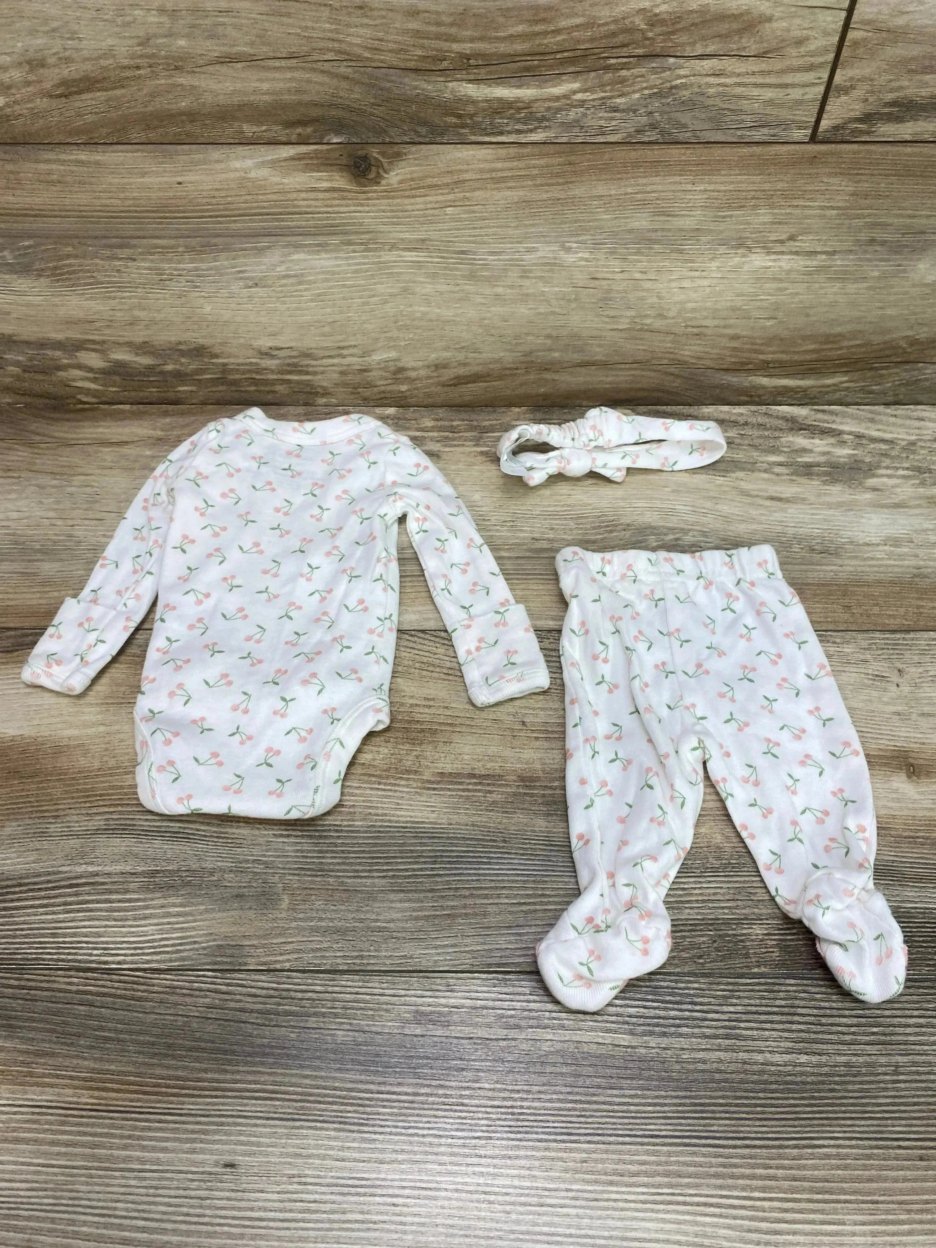 Just One You 3pc Cherry Print Kimono Bodysuit Set White sz Preemie