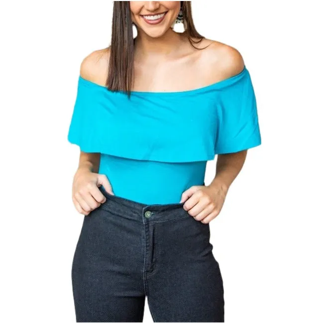 L&B Ladies Basic Off the Shoulder Jade Ruffle Bodysuit BASIC-36-JADE