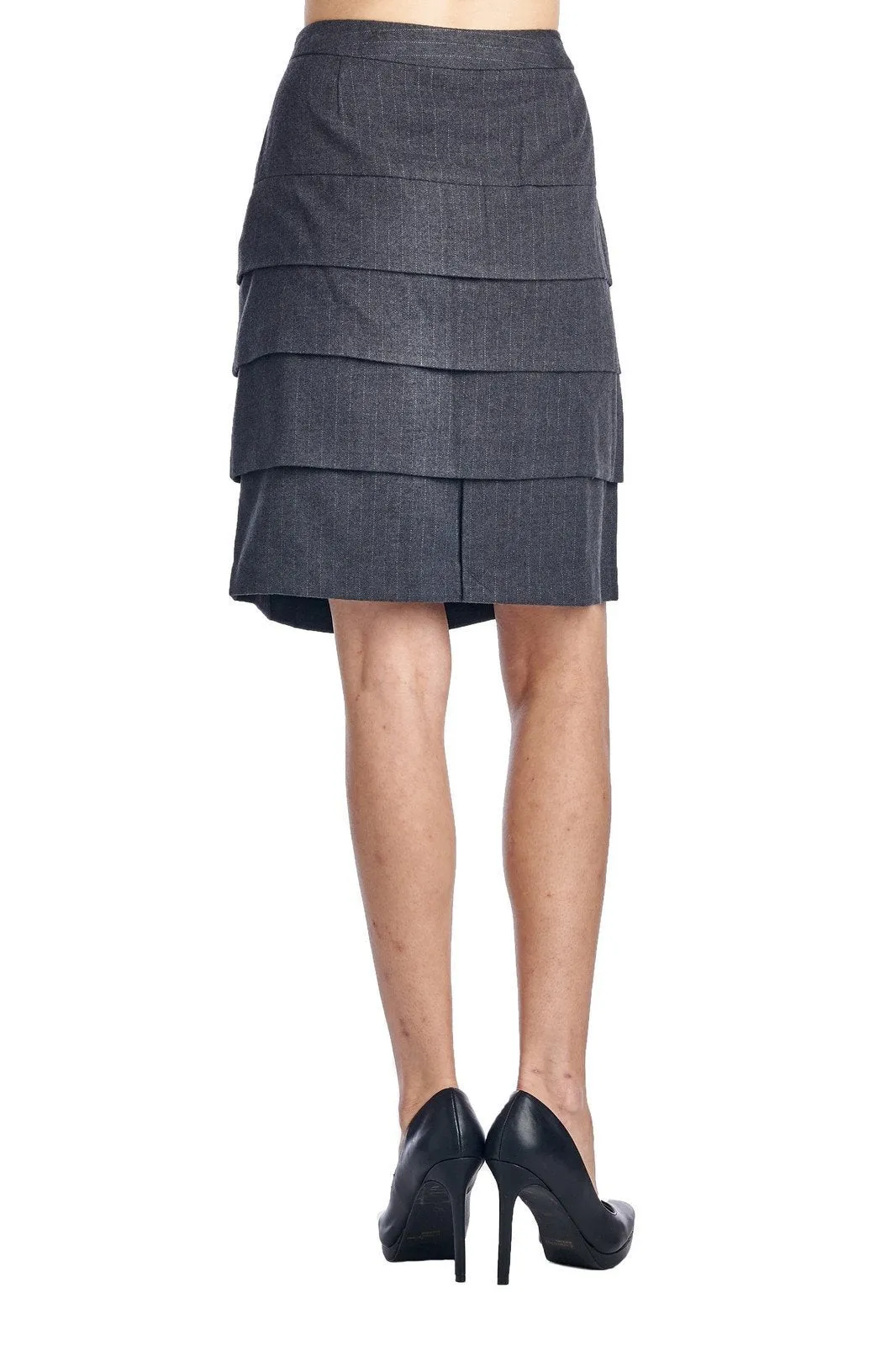 Larry Levine Grey/White Stretch Tiered Pinstripe Skirt