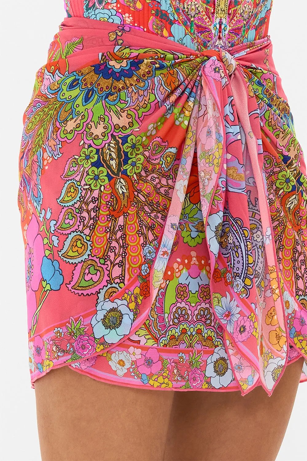 LAYERED SHORT SARONG WITH TIE  FRONT WINDMILLS AND WILDFLOWERS