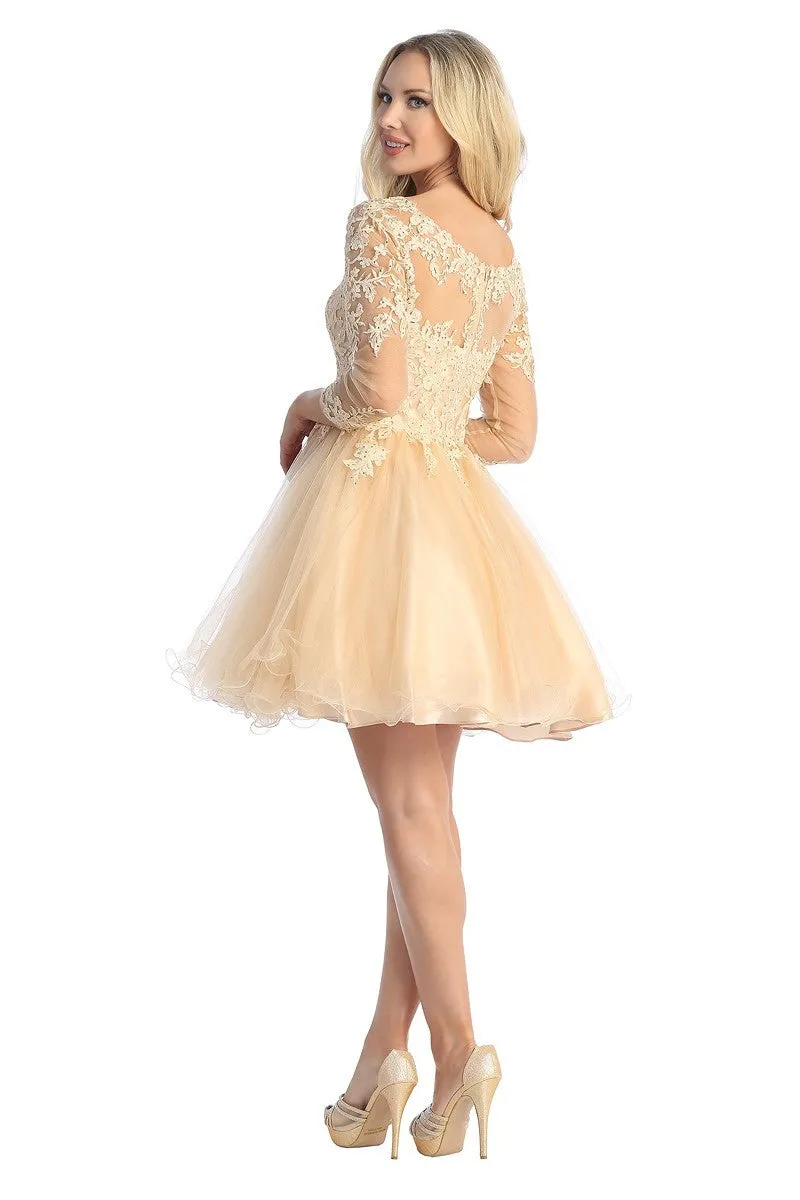 LF 6272 - Long Sleeve Homecoming Dress with Beaded Lace Applique Bodice & Layered Tulle Skirt