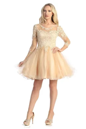 LF 6272 - Long Sleeve Homecoming Dress with Beaded Lace Applique Bodice & Layered Tulle Skirt