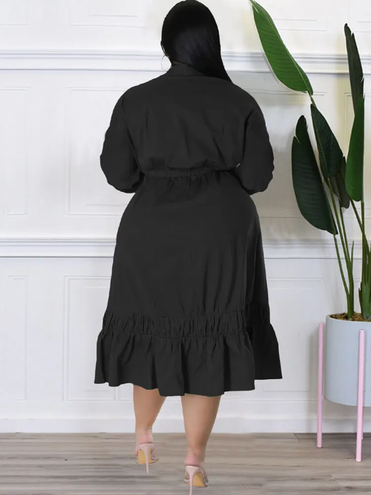 Long Sleeve Lace Up Solid Midi Dresses