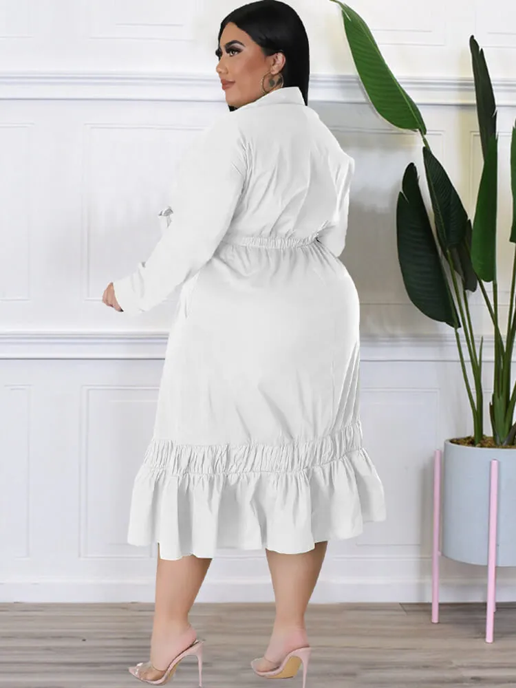 Long Sleeve Lace Up Solid Midi Dresses