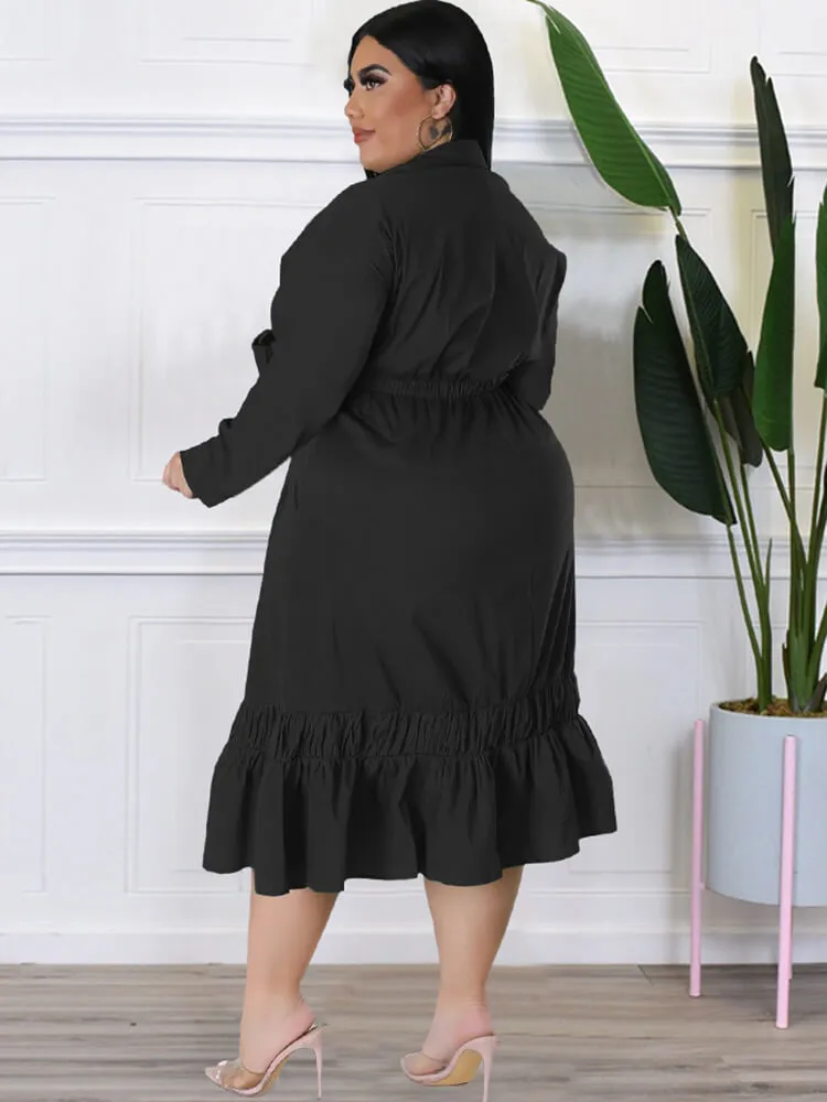 Long Sleeve Lace Up Solid Midi Dresses