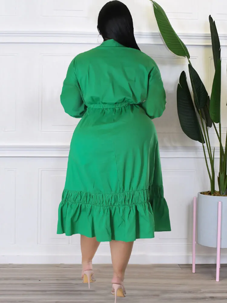 Long Sleeve Lace Up Solid Midi Dresses