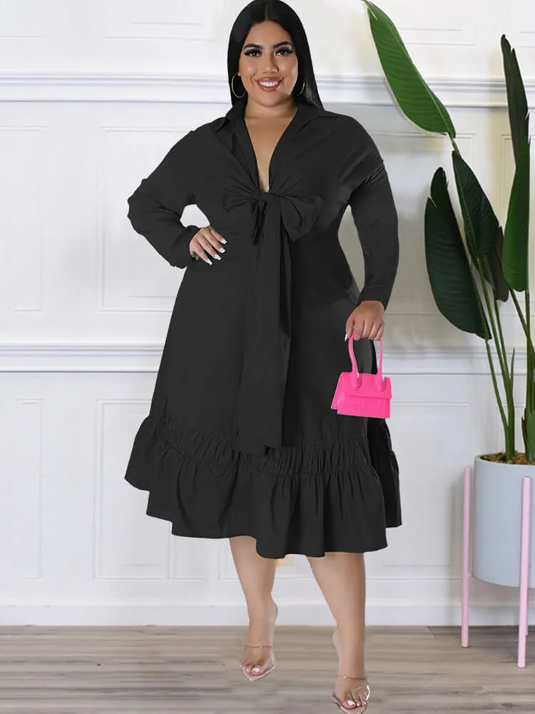 Long Sleeve Lace Up Solid Midi Dresses