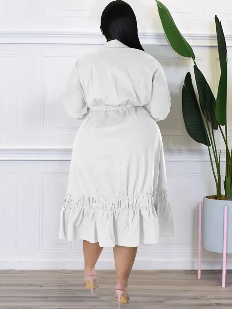 Long Sleeve Lace Up Solid Midi Dresses