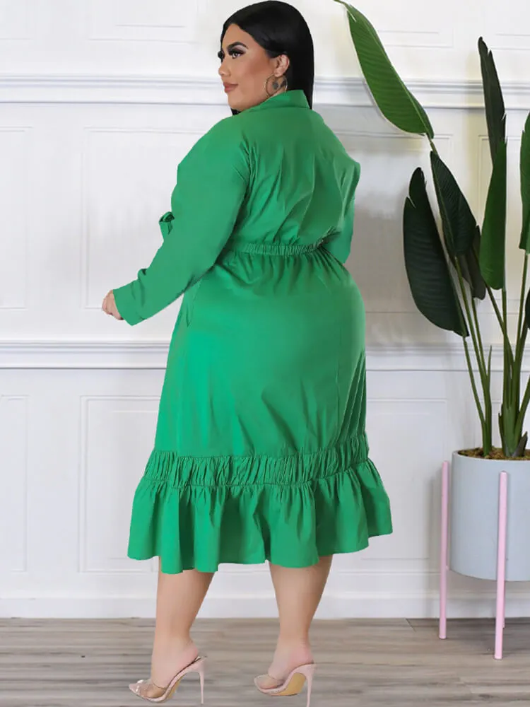Long Sleeve Lace Up Solid Midi Dresses