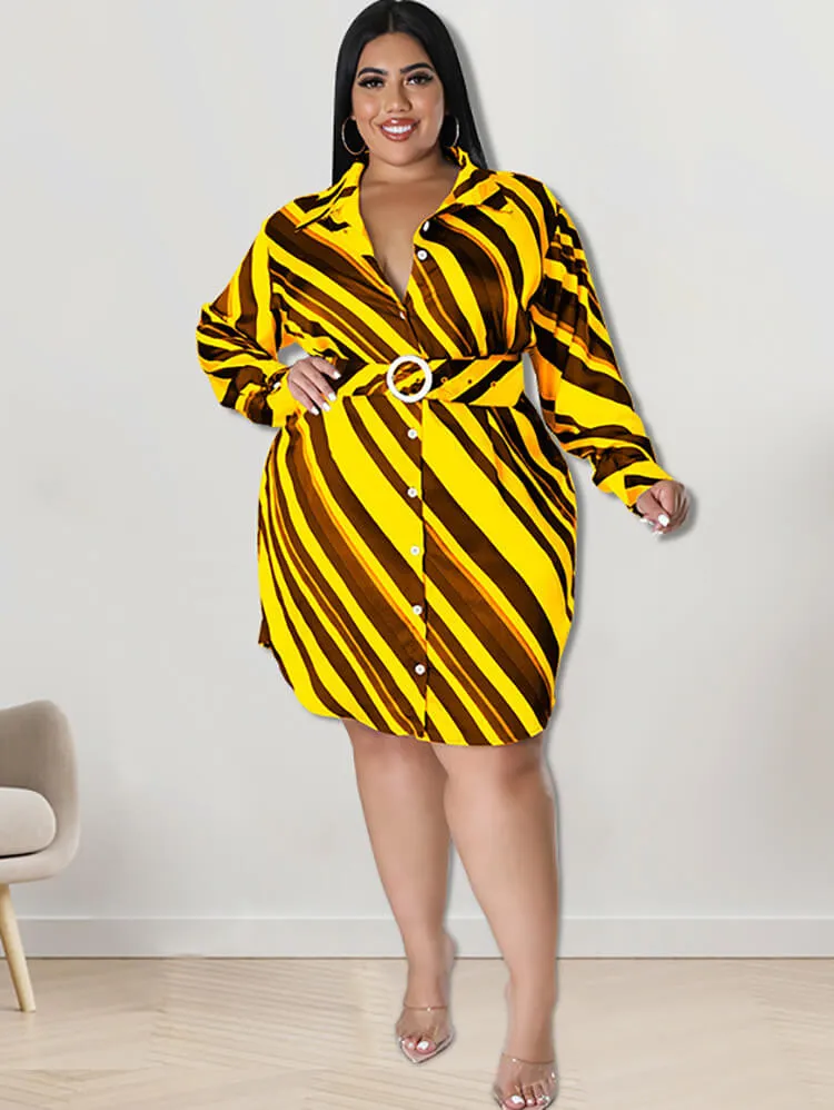 Long Sleeve Striped Mini Dresses With Belt
