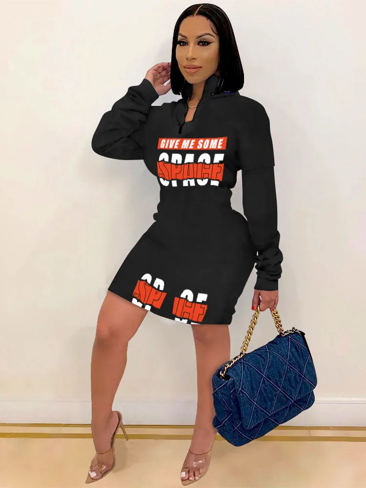 Long Sleeves Letter Print Midi Dresses