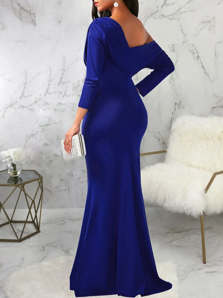 Long Sleeves One Shoulder Maxi Dresses